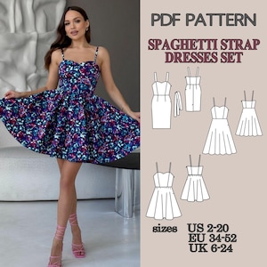 Sweetheart Neck Dress Sewing Pattern PDF Set, 3 Dresses Bundle, Princess Seam Bodycon, Midi and Mini Skirt Variations, Spaghetti strap dress