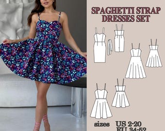 Sweetheart Neck Dress Sewing Pattern PDF Set, 3 Dresses Bundle, Princess Seam Bodycon, Midi and Mini Skirt Variations, Spaghetti strap dress