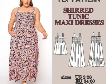 Sewing Pattern, Sewing Patterns, Shirred Dress Pattern, Dress Pattern, Womens Dress Pattern, PDF Sewing Patterns, Plus Size Sewing Patterns