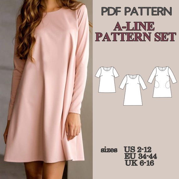 A Line Dress Sewing Pattern, Blouse Pattern, 3 in 1 PDF Sewing Pattern, Women Dress Pattern, Long Sleeve Dress with Pockets, Vintage Style