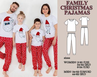 Patrón de costura en PDF para pijamas navideños familiares, conjunto a juego para hombres, mujeres y niños, pijamas tipo jogger, patrón de pijama para las fiestas.