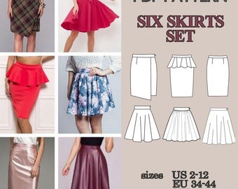 Skirt Sewing Pattern Bundle, 6 in 1 Skirt Pattern, Pencil Wrap Circle Peplum Gathered Mini Skirt Pattern, Women PDF Sewing Pattern Skirt Set