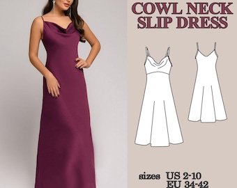 Patrón PDF de vestido lencero con cuello drapeado, patrón de costura para vestido maxi, vestido cortado al bies, vestido de noche sin espalda