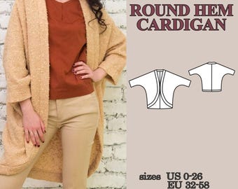 Patrón de costura en PDF para cárdigan con bajo redondeado, patrón de cárdigan de punto, chaqueta con bajo curvo, tallas grandes para mujer, prendas ligeras para superponer, cárdigan asimétrico.