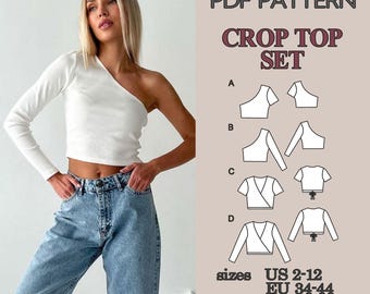 Patrón de costura PDF para top corto, patrón 4 en 1, top de un solo hombro, patrón de top cruzado, manga larga y corta, top de punto, camiseta corta con lazo frontal.