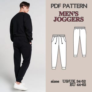 May include: Black joggers and sweatshirt set. The image also includes a PDF pattern for men's joggers, with size information in US/UK and EU measurements. The pattern shows a detailed illustration of the joggers.