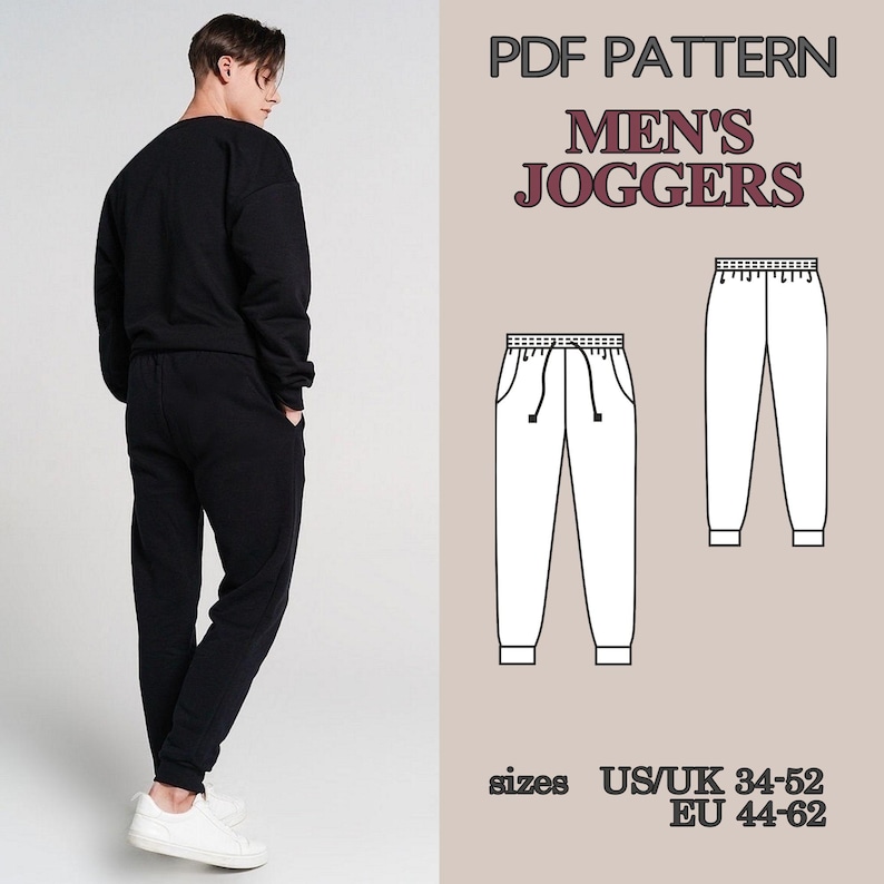 May include: Black joggers and sweatshirt set. The image also includes a PDF pattern for men's joggers, with size information in US/UK and EU measurements. The pattern shows a detailed illustration of the joggers.