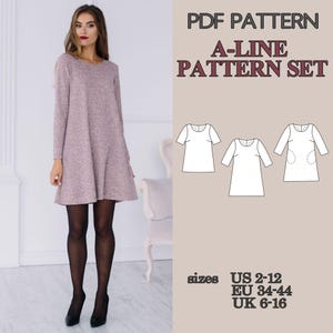 May include: A PDF pattern A-line pattern set for a long-sleeved dress. The image displays a mauve heathered dress and technical line drawings of three variations. Text includes PDF PATTERN, A-LINE PATTERN SET, and sizes US 2-12, EU 34-44, UK 6-16.