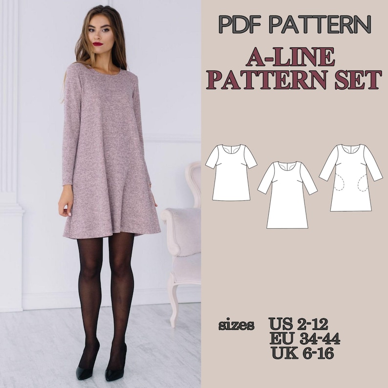 May include: A PDF pattern A-line pattern set for a long-sleeved dress. The image displays a mauve heathered dress and technical line drawings of three variations. Text includes PDF PATTERN, A-LINE PATTERN SET, and sizes US 2-12, EU 34-44, UK 6-16.