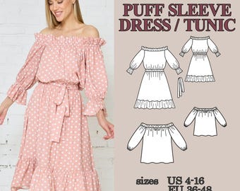 Patrón de costura en PDF para vestido con mangas abullonadas, top y vestido con hombros descubiertos, conjunto 2 en 1, escote elástico, ideal para principiantes, patrón de túnica.