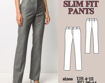 Patrón de costura para pantalones ajustados, patrón de pantalones para mujer, pantalones con cremallera, pantalones de oficina de cintura alta, patrón de costura en PDF, pantalones a medida DIY