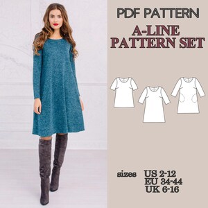 May include: A PDF pattern set for an A-line dress featuring long sleeves and a round neckline. The image displays a teal dress, technical line drawings of three variations, and size ranges for US 2-12, EU 34-44, and UK 6-16 for sewing projects.