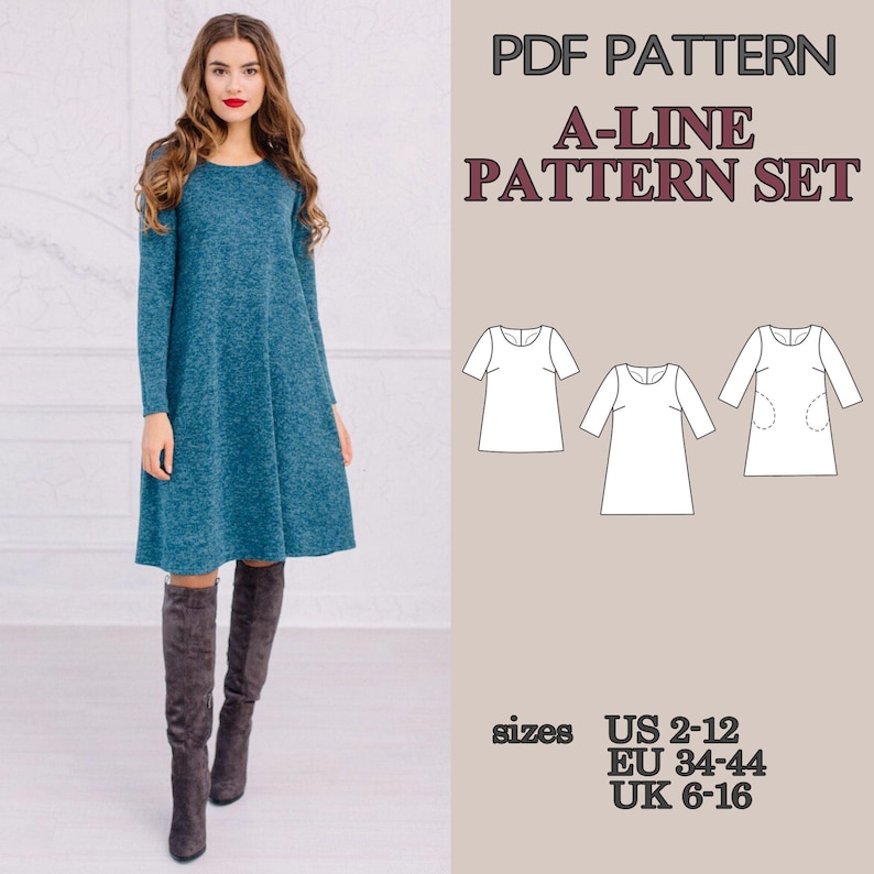 May include: A PDF pattern set for an A-line dress featuring long sleeves and a round neckline. The image displays a teal dress, technical line drawings of three variations, and size ranges for US 2-12, EU 34-44, and UK 6-16 for sewing projects.