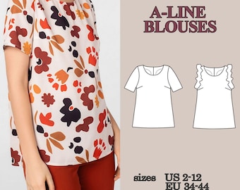 Blouse Sewing Pattern, A Line Top Pattern, 2 in 1 Blouse Pattern, Women PDF Sewing Pattern Ruffle Sleeve Top Round Neck Tops Sewing Patterns