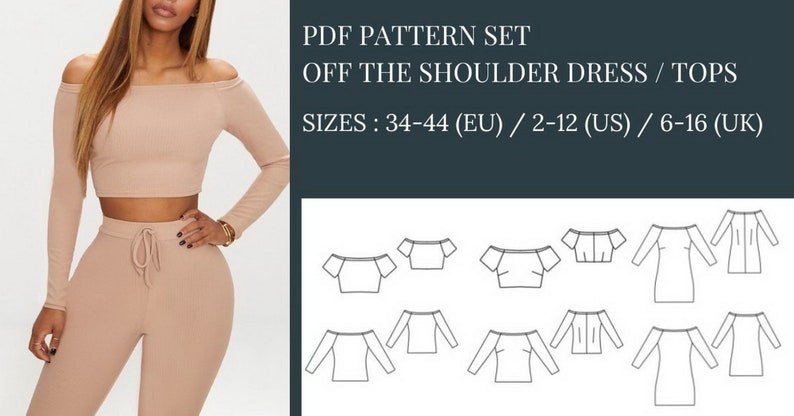 Crop Top Sewing Pattern, Sewing Pattern, Pattern Sewing, Off the Shoulder Dress Sewing Pattern, Top Pattern, Off the shoulder top sewing pattern, Sewing Pattern PDF, Dress Pattern PDF, Knitted top sewingpattern, Mini dress sewing pattern