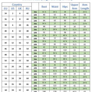 May include: A size chart table titled Women's sizes (height 168 cm, 66 1/4 ins) with columns for EU, US, UK, and RU country codes, and rows detailing bust, waist, hips, upper arm, and arm length measurements in both inches and centimeters.