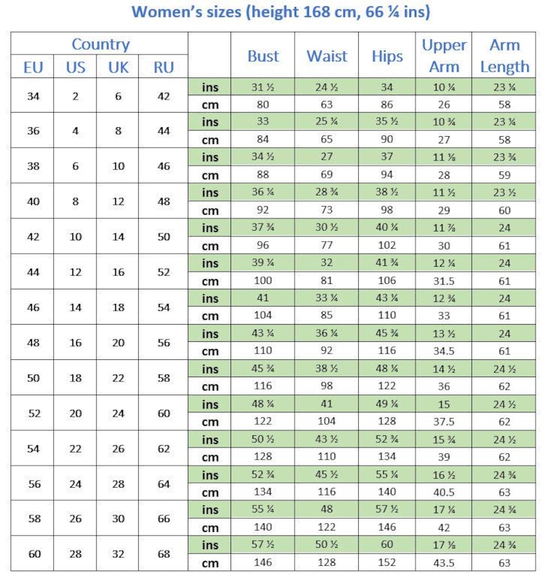 May include: A size chart table titled Women's sizes (height 168 cm, 66 1/4 ins) with columns for EU, US, UK, and RU country codes, and rows detailing bust, waist, hips, upper arm, and arm length measurements in both inches and centimeters.
