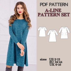 May include: A PDF pattern set for an A-line dress featuring three variations with different sleeve lengths and pocket options. The text includes PDF PATTERN, A-LINE PATTERN SET, and sizes US 2-12, EU 34-44, UK 6-16. The dress is teal blue.