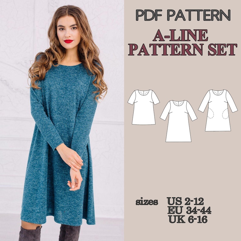 May include: A PDF pattern set for an A-line dress featuring three variations with different sleeve lengths and pocket options. The text includes PDF PATTERN, A-LINE PATTERN SET, and sizes US 2-12, EU 34-44, UK 6-16. The dress is teal blue.