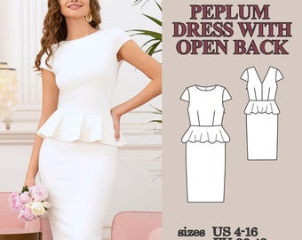 Patrón de costura para vestido peplum, vestido de punto ajustado en PDF, patrón de vestido con espalda en V, vestido ajustado con pinzas, vestido de manga corta, descarga digital