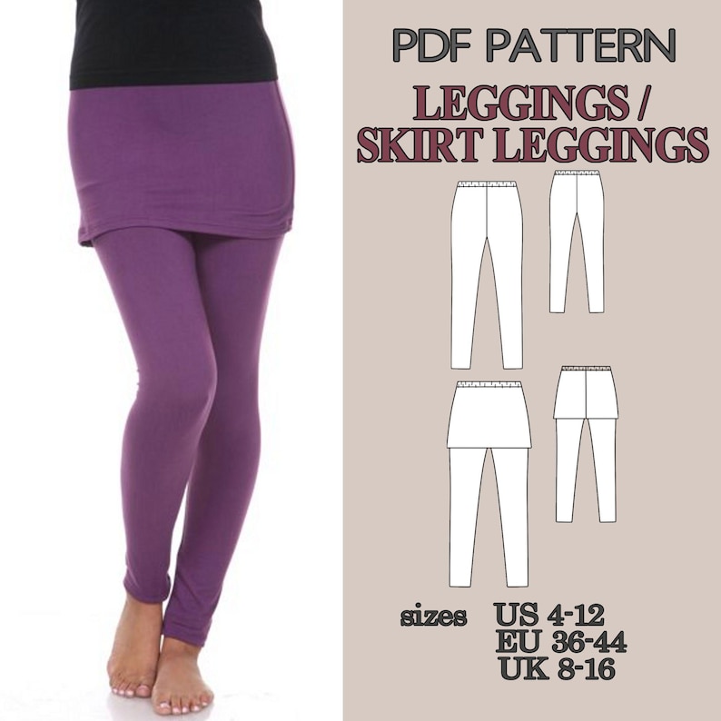 Leggings Sewing Pattern PDF, Yoga Pants Pattern, Skirted Leggings Pattern, Workout Leggings, Activewear Pattern Women Pants Pattern Trousers image 1
