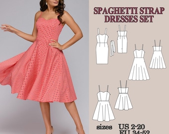 Conjunto de patrones de costura en PDF para vestido con escote corazón, paquete de 3 vestidos, vestido ajustado con costura princesa, variaciones de falda midi y minifalda, vestido de tirantes finos.