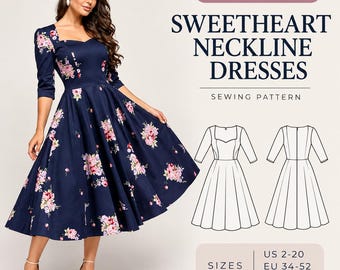 Sweetheart Neckline Dress Sewing Pattern for Women, Midi Princess Seam A-line Flared PDF