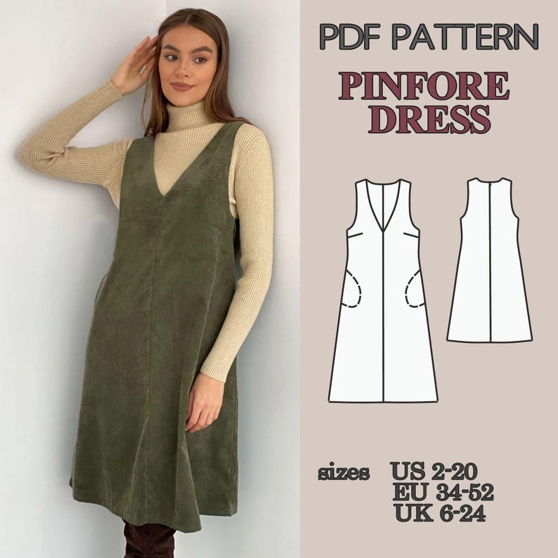 Pinafore Dress Sewing Pattern PDF, V Neck Dress with Pockets and Lining, Mini and Knee Length Dress Pattern Beginner Friendly Video Tutorial image 4