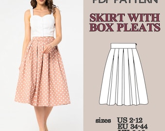 Box Pleat Skirt Sewing Pattern, Vintage Midi Skirt Pattern, Women PDF Sewing Patterns, Pleated Skirt, Classic Skirt Pattern, Retro Skirt