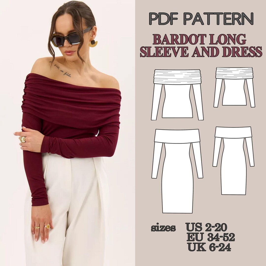 Off Shoulder Dress Sewing Pattern PDF, Bardot Long Sleeve Top, 2 ...