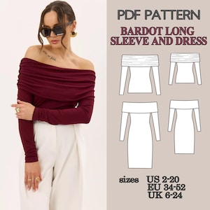 Patrón de costura para vestido con hombros descubiertos y dobladillo en PDF. Patrón de costura para vestidos. Patrón de costura para top Bardot para mujer. Patrón de vestido Bardot en PDF.