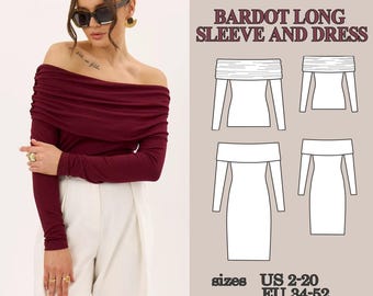 Patrón de costura en PDF para vestido con hombros descubiertos, top Bardot de manga larga, paquete de 2 patrones, ideal para principiantes con tutorial paso a paso.