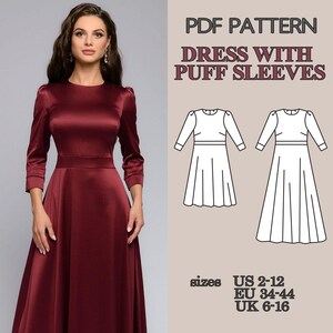 May include: A PDF pattern for a dress with puff sleeves, featuring a burgundy satin dress with a round neckline and three-quarter length sleeves. The image includes technical line drawings of the dress and lists sizes US 2-12, EU 34-44, and UK 6-16.