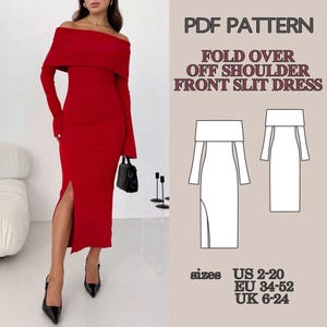 Patrón de costura para vestido con hombros descubiertos y pliegues, patrones de costura para vestidos largos, patrón de vestido con abertura, patrón para mujer, patrón de vestido Bardot en PDF