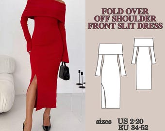 Patrón de costura en PDF para vestido largo con hombros descubiertos, vestido de punto con abertura y dobladillo, vestido de manga larga, tutorial para principiantes.