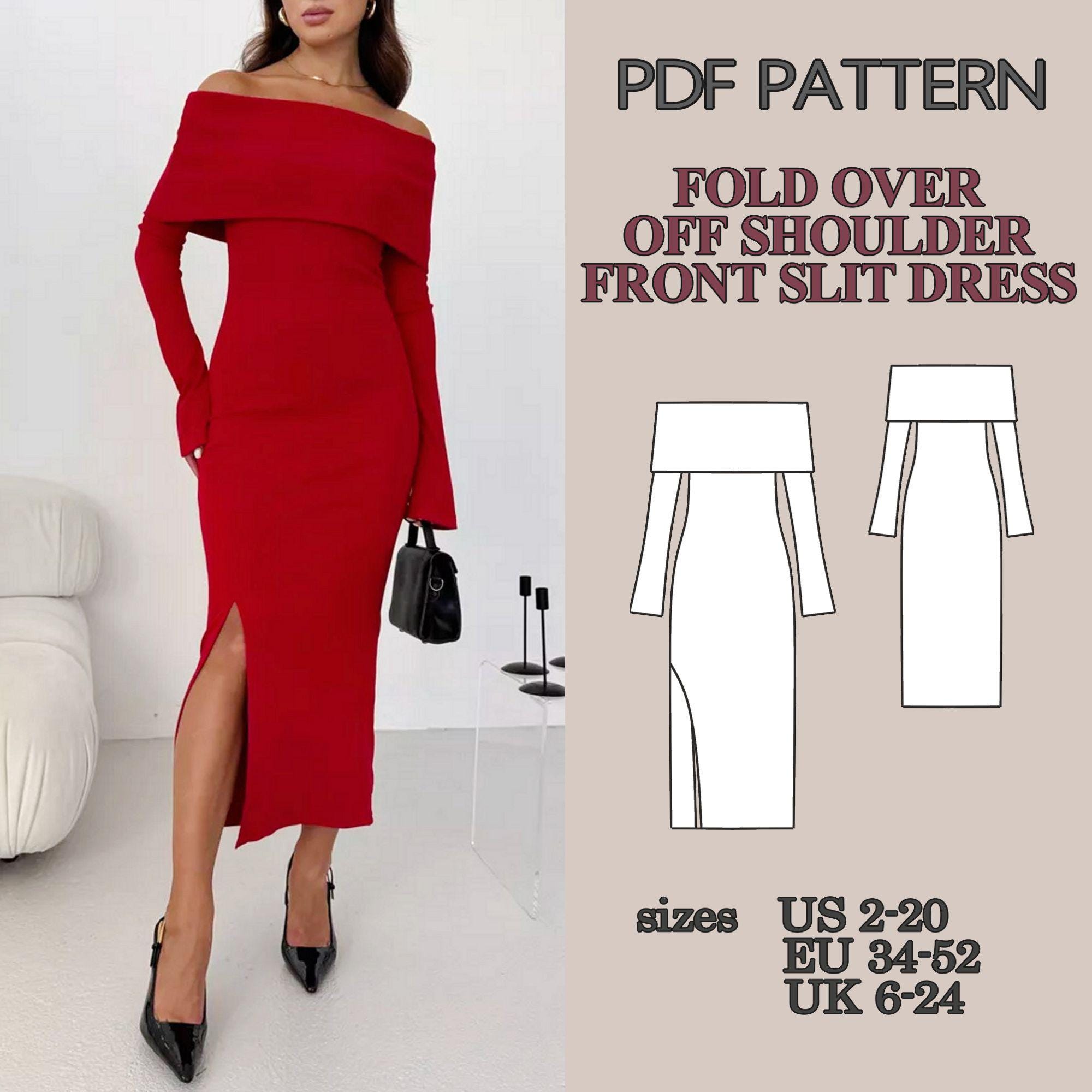 Off Shoulder Maxi Dress Sewing Pattern PDF, Fold Over Knit Dress With Slit,  Long Sleeve Dress, Beginner Friendly Tutorial - Etsy