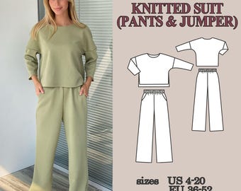 Knit Pants Sewing Pattern Set, Wide Leg Lounge Pants and Drop Shoulder Jumper, Matching Set PDF, Elastic Waist Pockets, Casual Co-ord