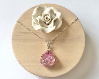 Pink Crackle Quartz tumblestone necklace on sterling silver