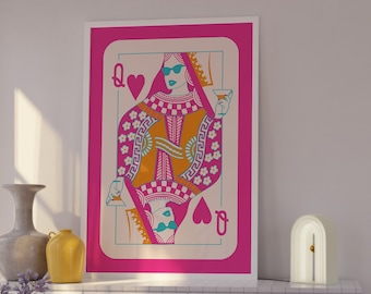 Queen of Hearts Retro Print, Bar Cart Art (Digital Download)