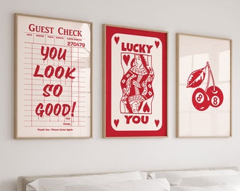 Trendy Wall Art Set, Red Guest Check Print, Lucky You Poster, Retro Wall Art Prints, Trendy Aesthetic Print, Above Bed Decor