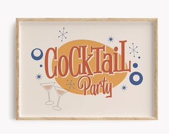 Cocktail Print Sign, Retro Mid Century Cocktail Party Poster, Printable Bar Cart Decor, Digital Download Drinks Poster, Colorful Fun Print