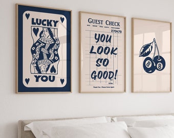 Set di 3 stampe artistiche da parete alla moda, stampa retrò con assegno per gli ospiti, poster Lucky You, grande arte stampabile, stampa estetica alla moda, decorazione sopra il letto