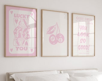 Trendy Wall Art Set of 3, Guest Check Print, Lucky You Wall Art, Large Printable Art, Trendy Aesthetic Print, Above Bed Decor, Retro Poster