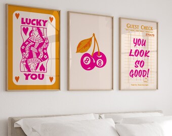 Trendy Wall Art Set of 3, Preppy Wall Art, Guest Check Wall Art, Lucky You Print, Large Printable Art, Trendy Aesthetic Print, Above Bed Art