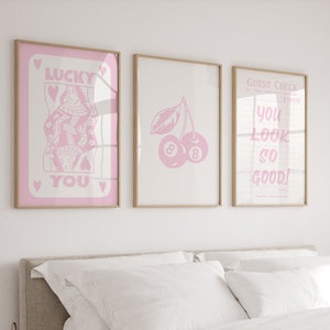 Conjunto de arte de pared de moda de 3, impresión de cheques de invitados, arte de pared Lucky You, arte imprimible grande, impresión estética de moda, decoración sobre la cama, póster retro