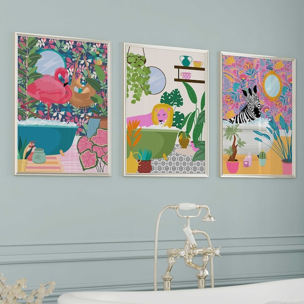 Retro Bathroom Art, Colorful 3 Piece Wall Art, Modern Funky Wall Art, Maximalist Wall Decor, Fun Quirky Animal Prints Printable Posters