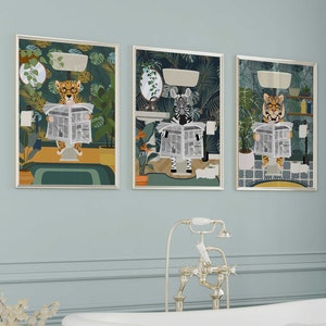 Lustiges Badezimmer Kunst-Set, Wandkunst-Drucke, moderne funky Wandkunst, maximale Wanddekoration, druckbare Kunst, lustige schrullige Tierdrucke