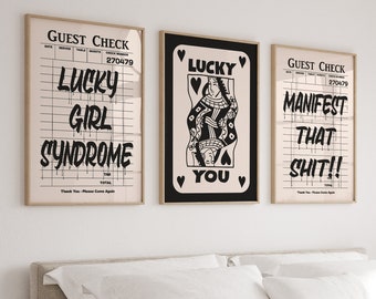 Retro Wall Art Set of 3, Lucky You Print, Guest Check Print, Lucky You Syndrome Poster, Printable Wall art, Retro Aesthetic Print Dorm Decor