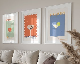 Retro Set of 3 Cocktail Print, Modern Above Couch Prints, Bart Cart Accessories, Digital Download, MidCentury Retro Décor, Modern Art Deco
