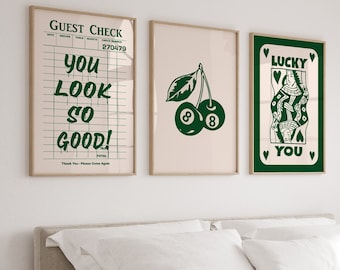 Set di 3 arte da parete alla moda, stampa Lucky You, poster retrò per il controllo degli ospiti, grande arte stampabile, stampa estetica verde, decorazione sopra il letto